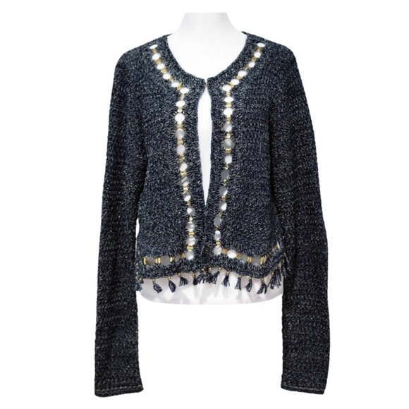 ELIE TAHARI Navy Blue Cardigan Gold Brass Rings Fringe Tassel Jacket.  Medium - Picture 1 of 9